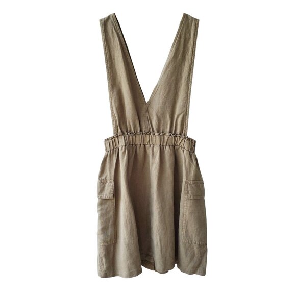 ZARA Rustic Pinafore Dress Overall Jumper Linen Blend Light Olive Green Size S - Picture 10 of 16